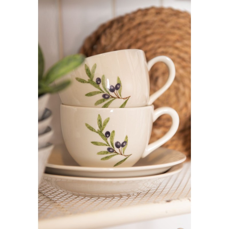 Clayre & Eef Tasse et soucoupe 200 ml Beige Bleu Céramique Rond Branche d'olivier