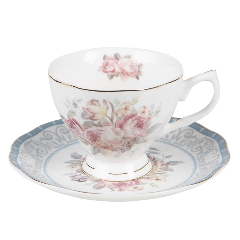 Clayre & Eef Cup and Saucer 220 ml White Porcelain Flowers