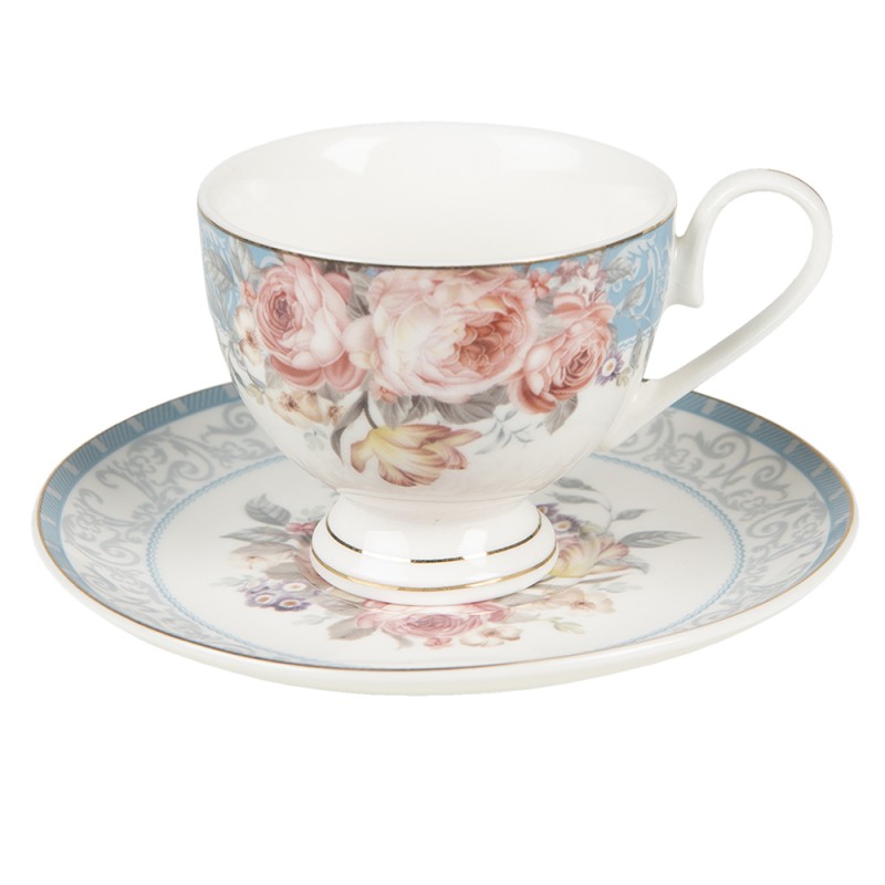 Clayre & Eef Tasse et soucoupe 200 ml Blanc Bleu Porcelaine Fleurs