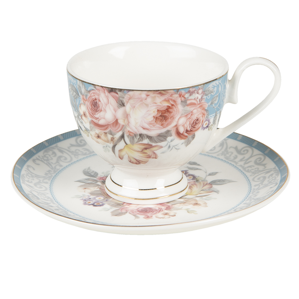 Clayre&Eef Kop en Schotel 200 ml Wit Blauw Porselein Bloemen afbeelding