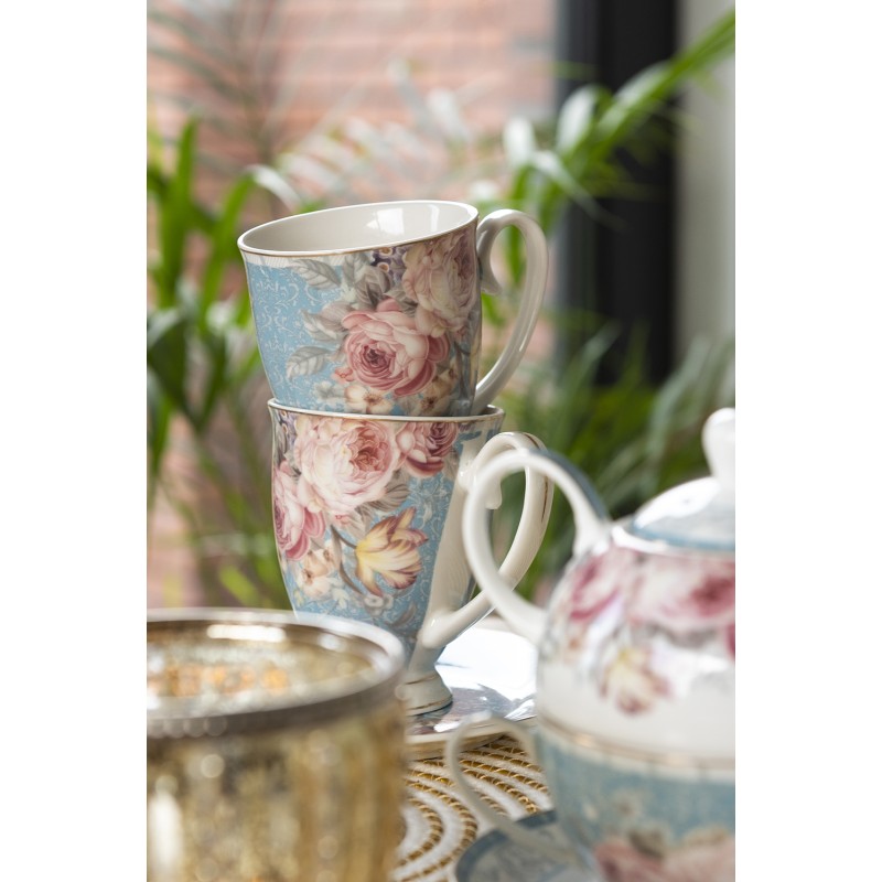 Clayre & Eef Mug 300 ml Bleu Blanc Porcelaine Fleurs