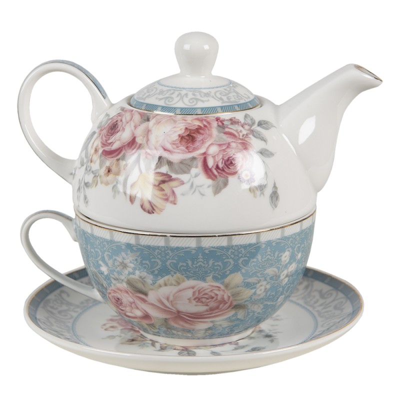 Clayre & Eef Tea for One 400 ml Bleu Blanc Porcelaine Fleurs