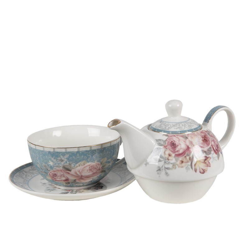 Clayre & Eef Tea for One 400 ml Bleu Blanc Porcelaine Fleurs