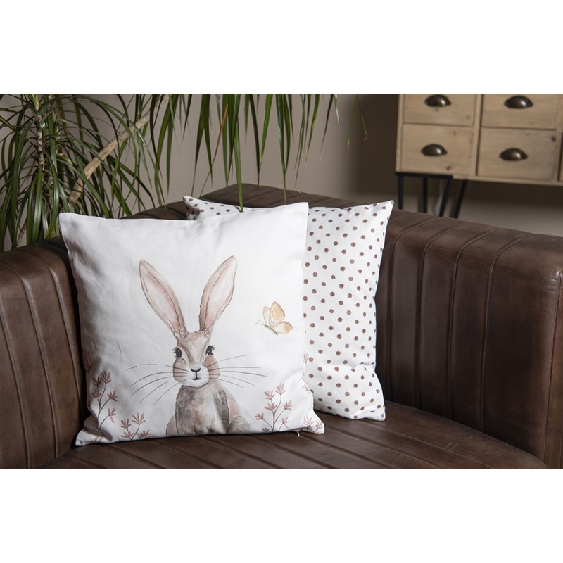 Clayre & Eef Kissenbezug 40x40 cm Weiß Braun Baumwolle Quadrat Kaninchen