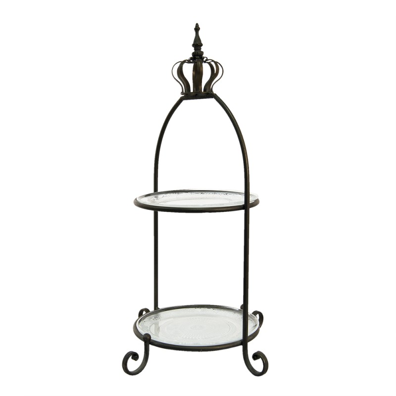 Clayre & Eef 2-Tiered Stand 69 cm Black Metal Glass Round Crown