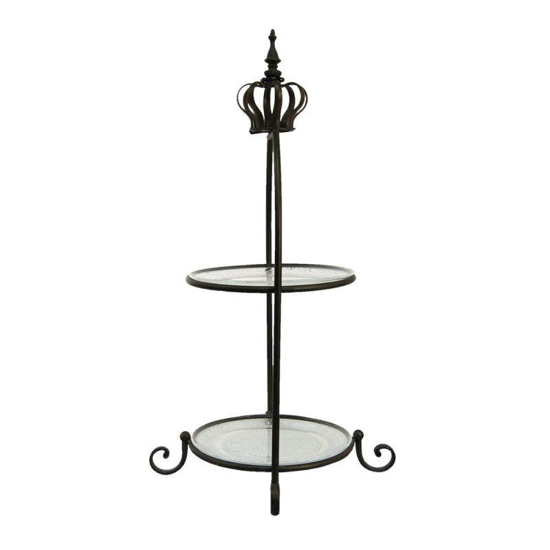 Clayre & Eef 2-Tiered Stand 69 cm Black Metal Glass Round Crown