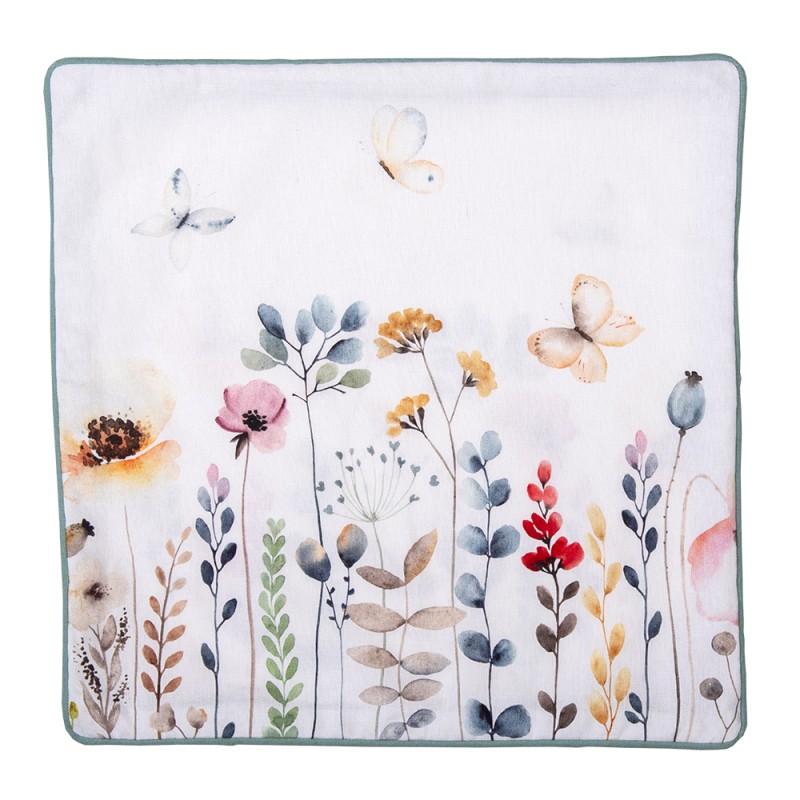 Clayre & Eef Cushion Cover 40x40 cm White Green Cotton Square Flowers