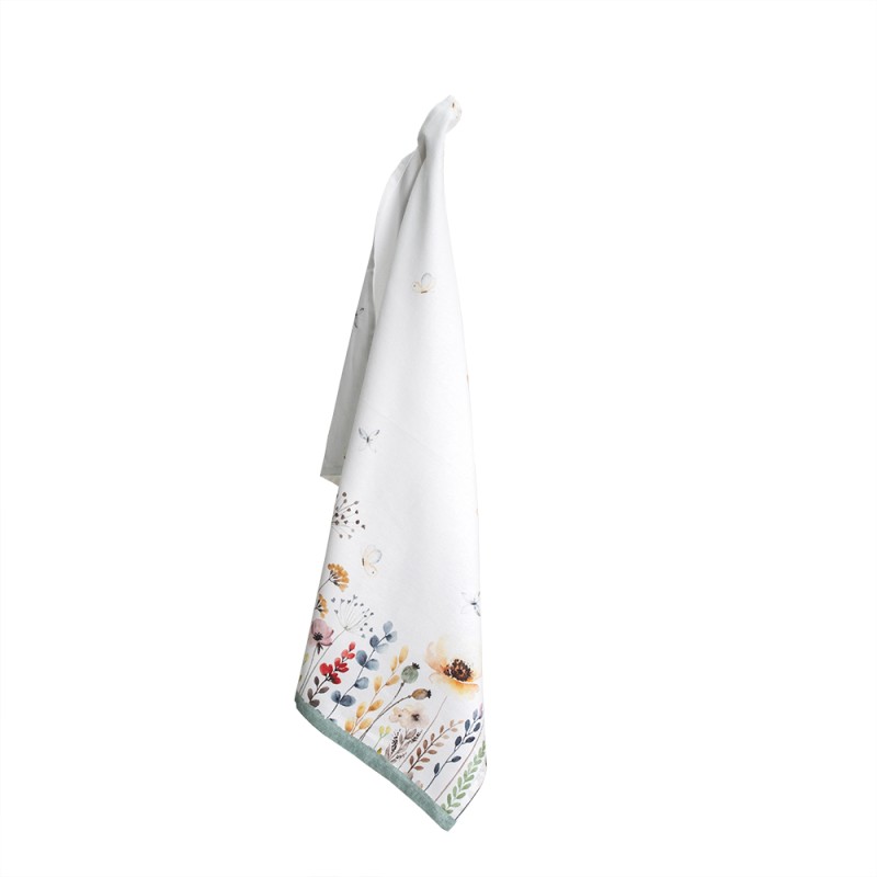 Clayre & Eef Tea Towel  50x70 cm White Green Cotton Rectangle Flowers