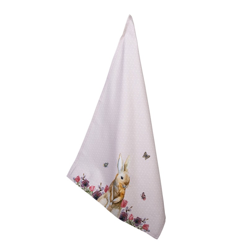 Clayre & Eef Tea Towel  50x70 cm White Pink Cotton Rectangle Rabbit Flowers