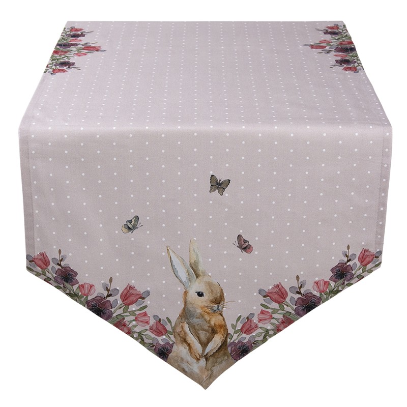 Clayre & Eef Tafelloper  50x160 cm Beige Roze Katoen Konijn Bloemen