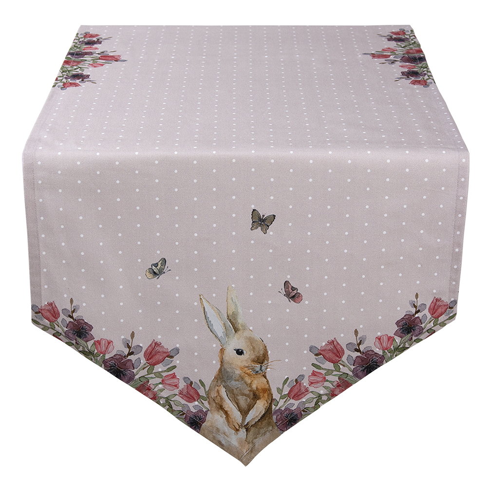 Clayre&Eef Tafelloper 50x160 cm Beige Roze Katoen Konijn Bloemen afbeelding