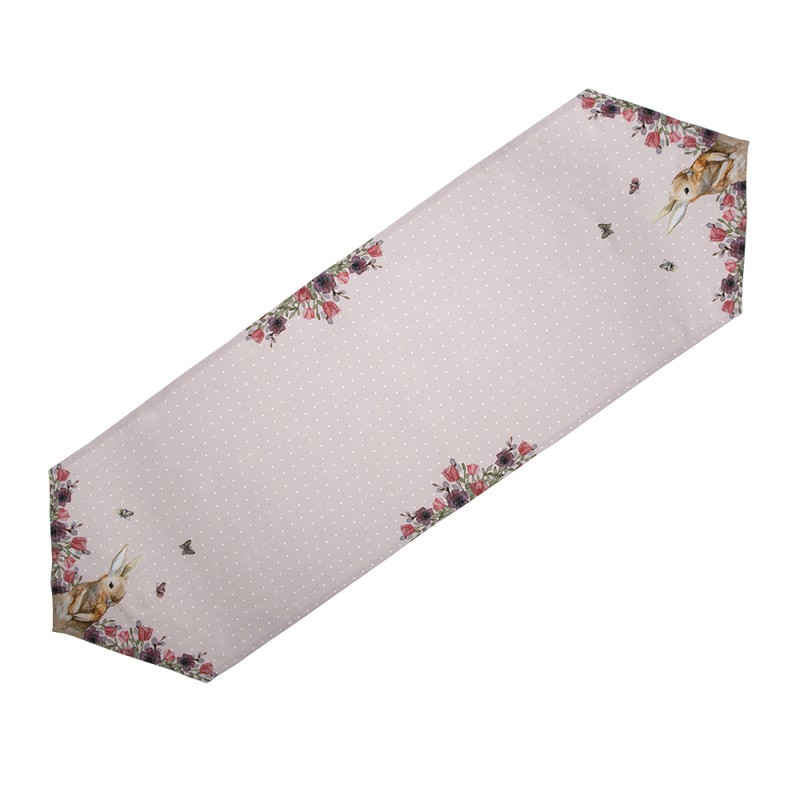 Clayre & Eef Tafelloper  50x160 cm Beige Roze Katoen Konijn Bloemen