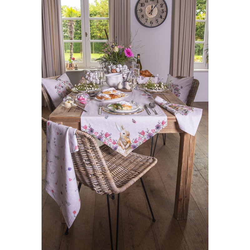 Clayre & Eef Tischläufer 50x160 cm Beige Rosa Baumwolle Kaninchen Blumen