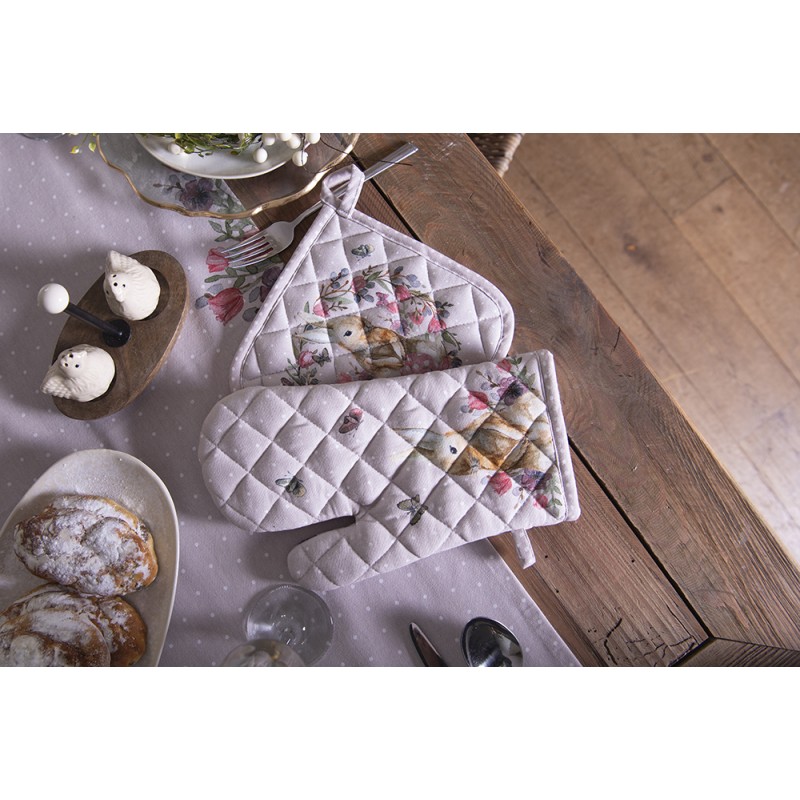 Clayre & Eef Tovaglia da tavolo 50x160 cm Beige Rosa  Cotone Fiori di coniglio