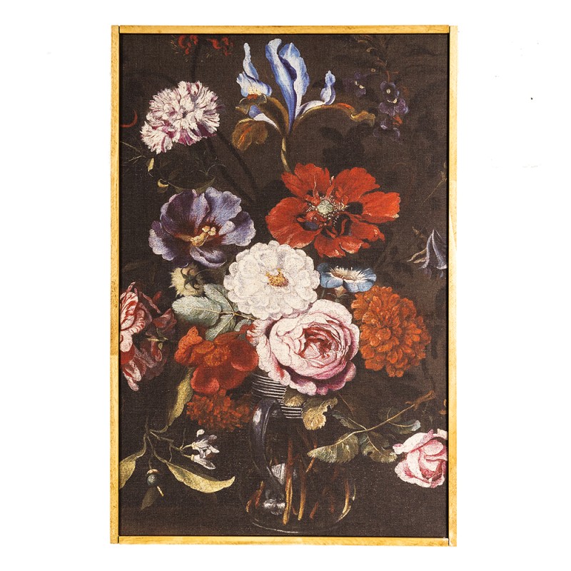 Clayre & Eef Schilderij  40x60 cm Zwart Rood Hout Textiel Rechthoek Bloemen