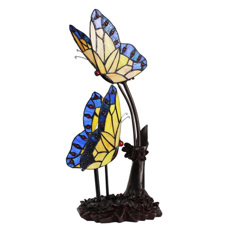 LumiLamp Tiffany Tischlampe 24x17x47 cm  Blau Gelb Glas Kunststoff Schmetterlinge