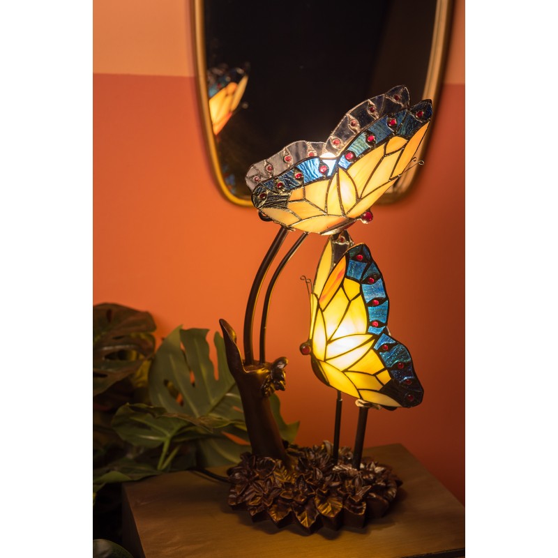 LumiLamp Tiffany Tafellamp  24x17x47 cm  Blauw Geel Glas Kunststof Vlinders