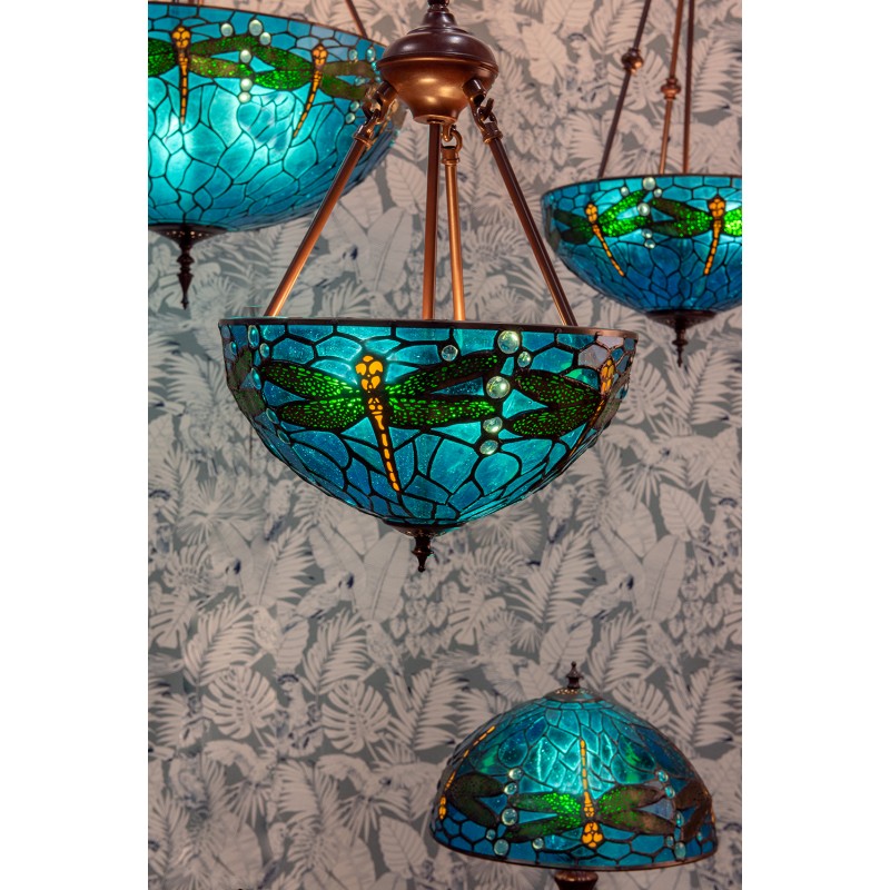 LumiLamp Lampada a Sospensione Tiffany Ø 31x155 cm  Blu Verde Metallo Vetro Libellula