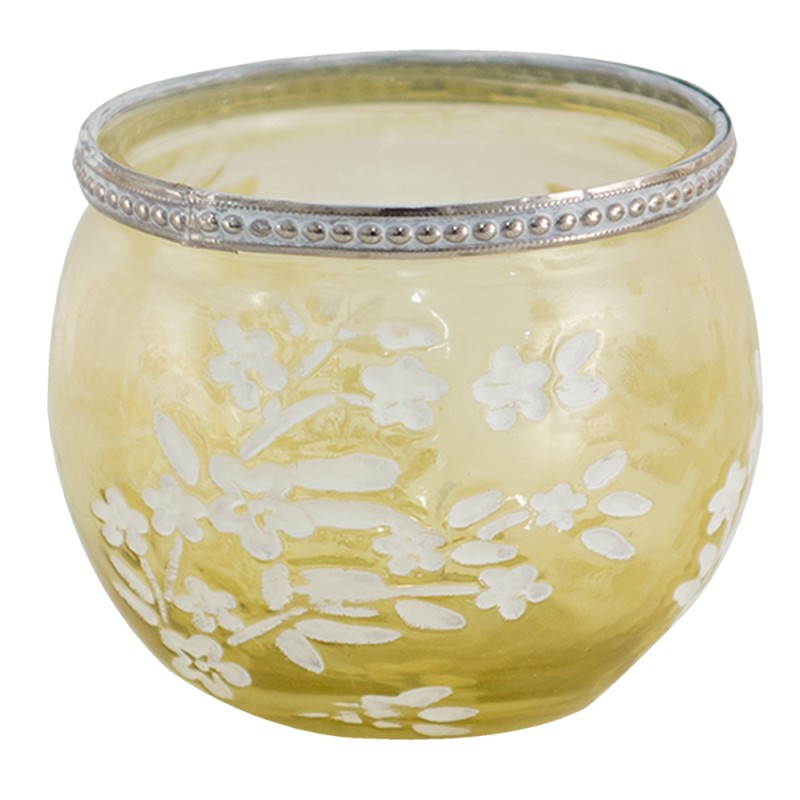 Clayre & Eef Tealight Holder Ø 10x9 cm Yellow White Glass Metal Round Flowers