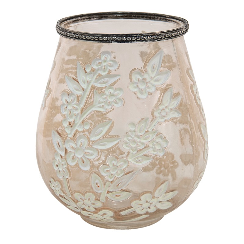Clayre & Eef Tealight Holder Ø 10x9 cm Brown White Glass Metal Round Flowers