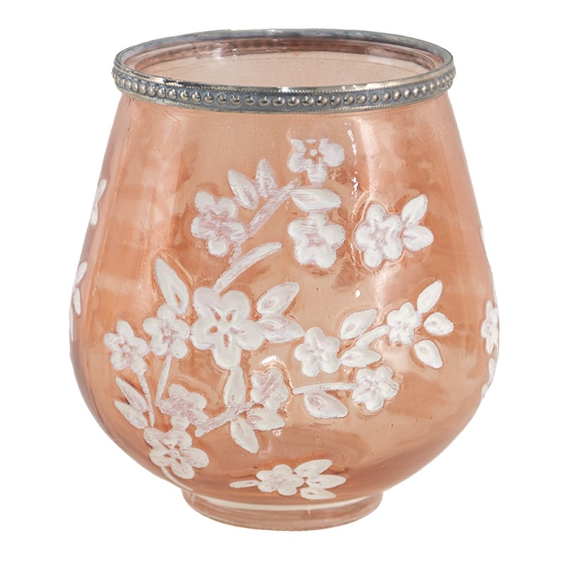 Clayre & Eef Tealight Holder Ø 13x14 cm Pink White Glass Metal Round Flowers