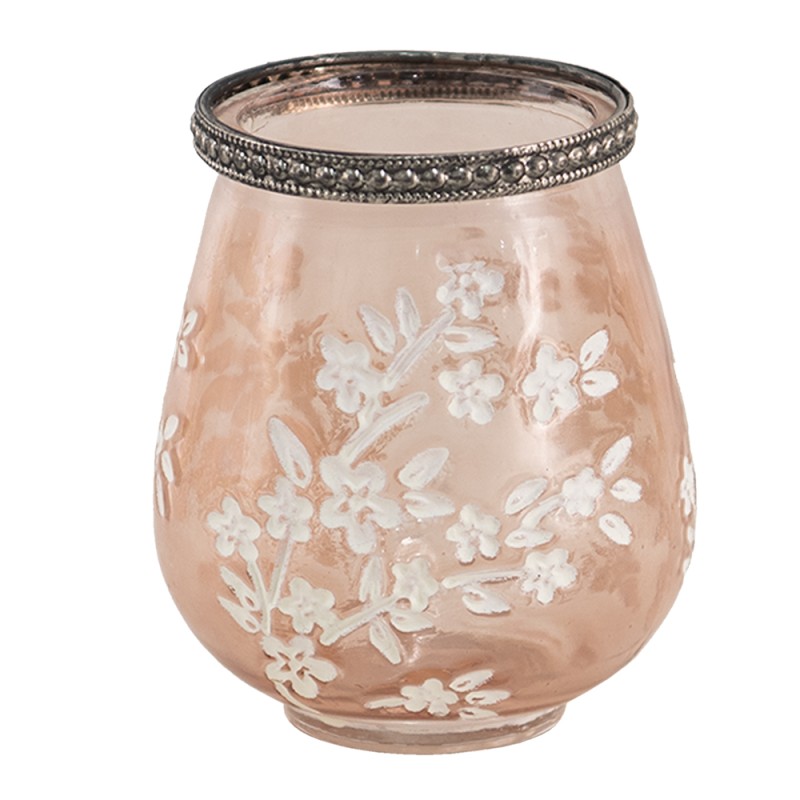Clayre & Eef Tealight Holder Ø 9x11 cm Pink White Glass Metal Round Flowers