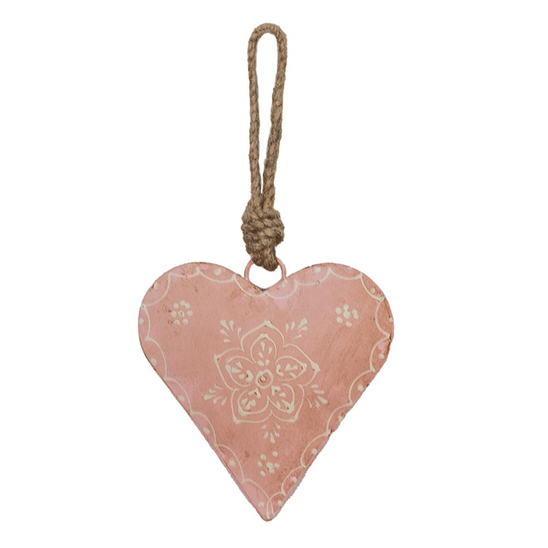 Clayre & Eef Pendant Heart 10x3x10 cm Pink Iron Flower