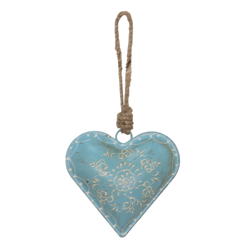 Clayre & Eef Pendant Heart 10x10 cm Blue Iron Flower