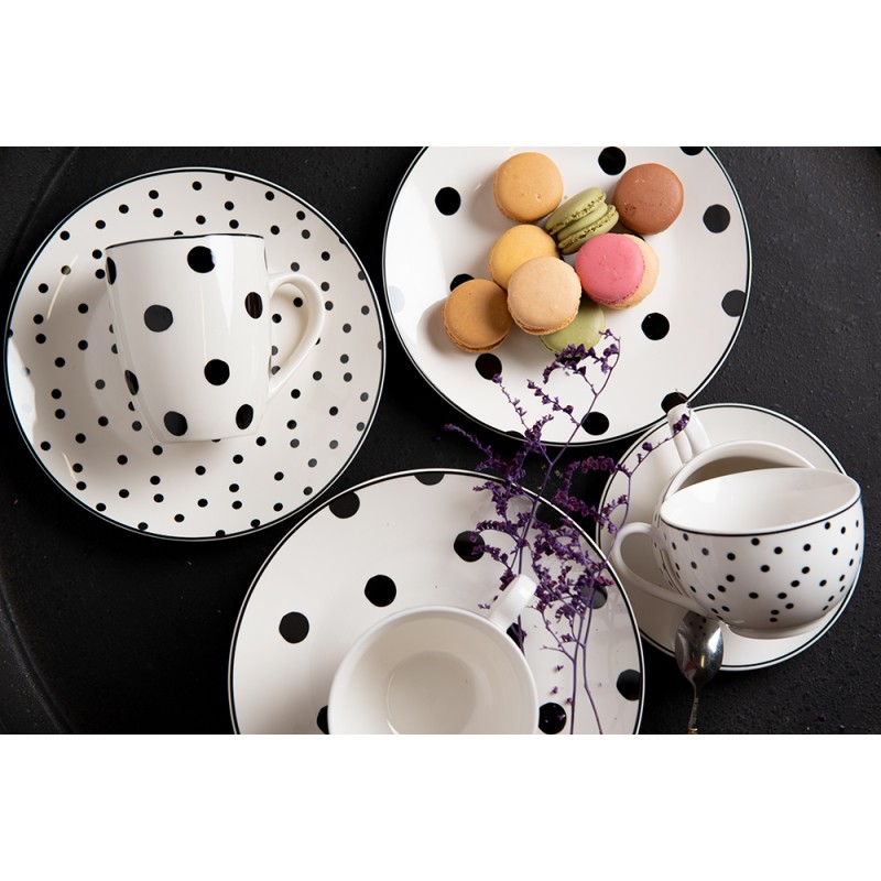 Clayre & Eef Assiette de petit déjeuner Ø 20 cm Blanc Noir Porcelaine Rond Points