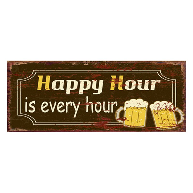 Clayre & Eef Plaque de texte 50x20 cm Marron Jaune Fer Rectangle Happy Hour is every hour