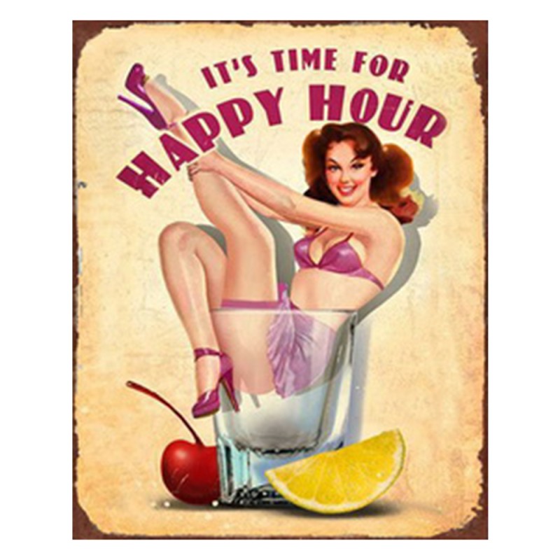 Clayre & Eef Text Sign 20x25 cm Beige Pink Iron Rectangle It's time for Happy Hour