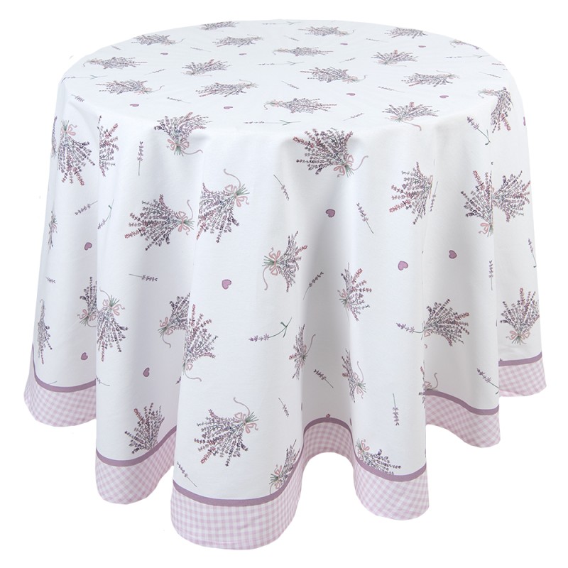 Clayre & Eef Tablecloth Ø 170 cm White Purple Cotton Round Lavender