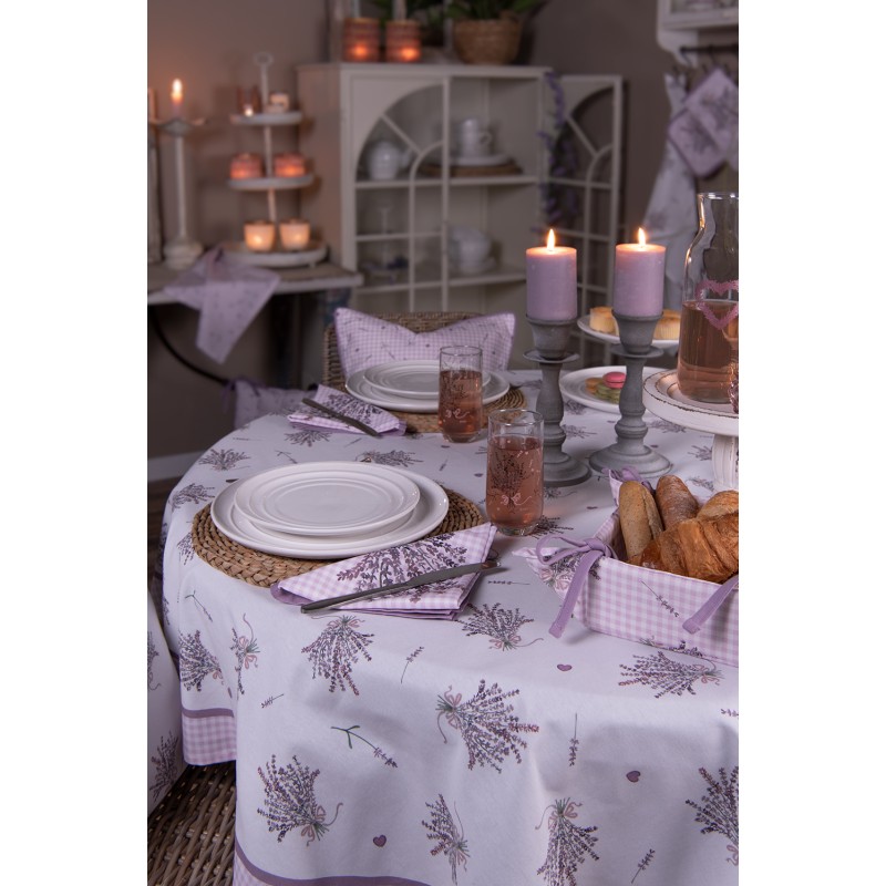 Clayre & Eef Tablecloth Ø 170 cm White Purple Cotton Round Lavender