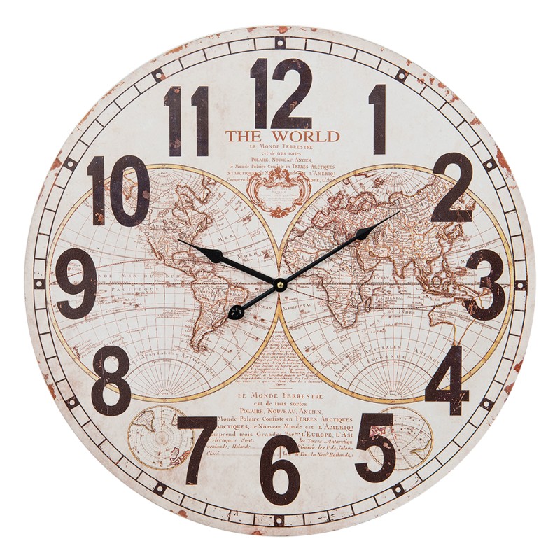 Clayre & Eef Wall Clock Ø 58 cm White Brown MDF World Map