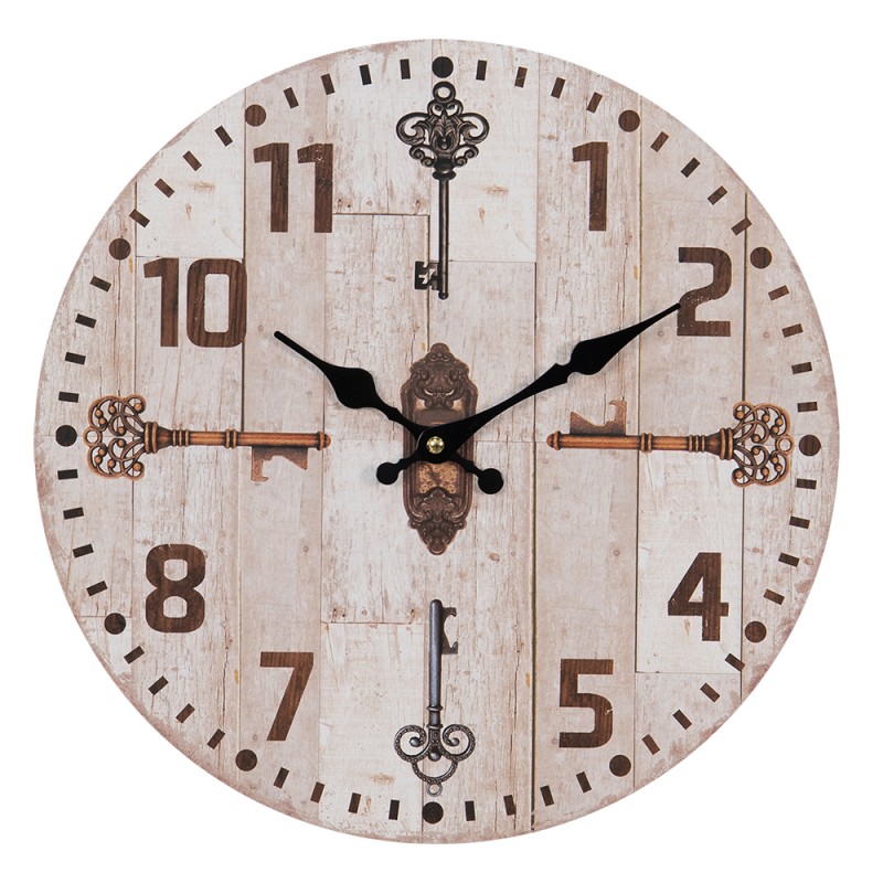 Clayre & Eef Wall Clock Ø 34 cm Brown Beige MDF Keys
