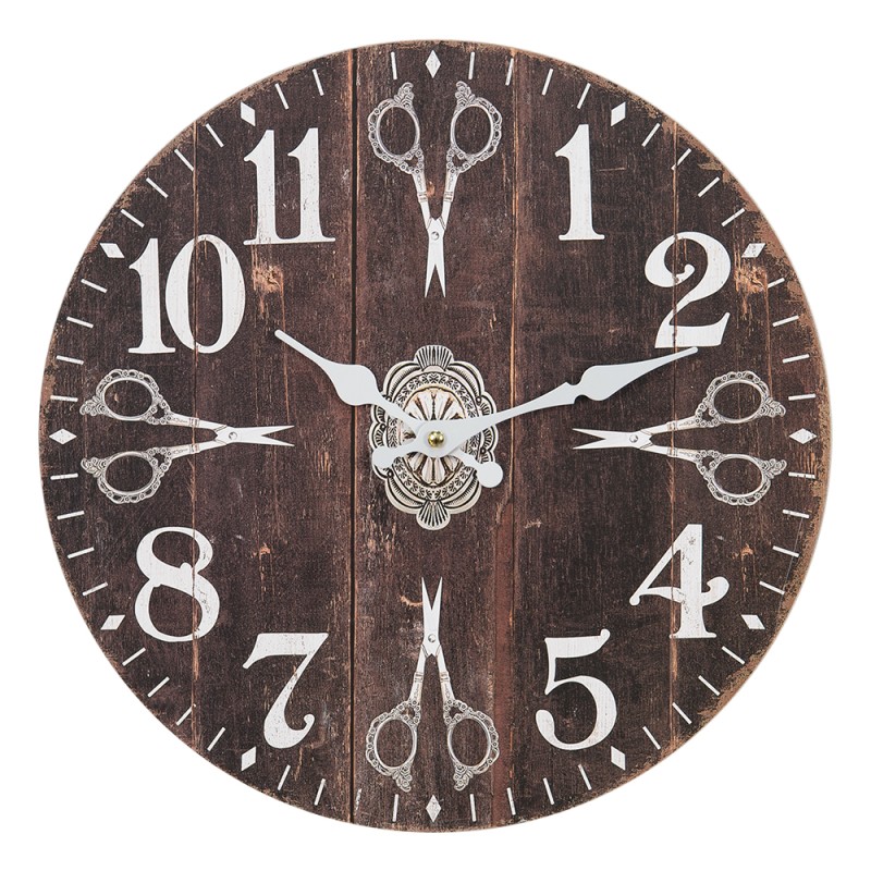 Clayre & Eef Wall Clock Ø 34 cm Brown White MDF Scissors