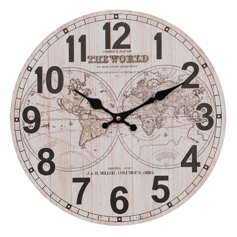 Clayre & Eef Horloge mural Ø 34 cm Marron Beige MDF Carte du monde