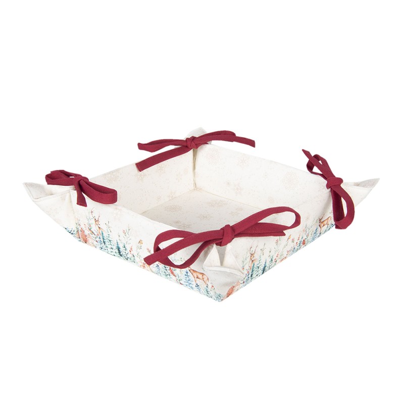 Clayre & Eef Bread Basket 35x35x8 cm White Red Cotton Square Deer