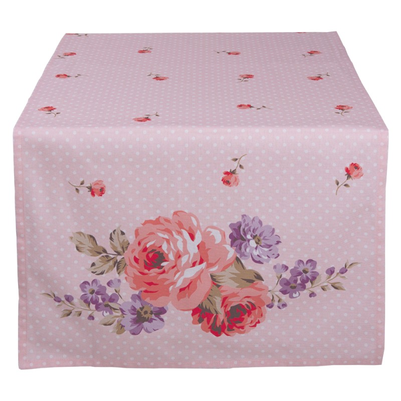 Clayre & Eef Tischläufer 50x140 cm Rosa Violett Baumwolle Rechteck Rosen