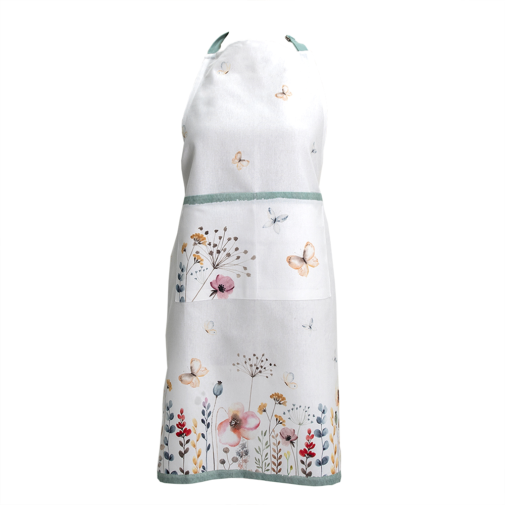 Clayre & Eef Keukenschort 70x85 cm Wit Groen Katoen Bloemen afbeelding