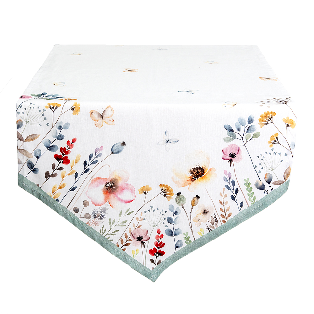 Clayre&Eef Tafelloper 50x160 cm Wit Groen Katoen Bloemen afbeelding