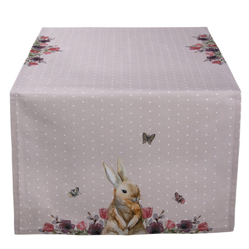 Clayre & Eef Table Runner 50x140 cm Beige Pink Cotton Rectangle Rabbit Flowers