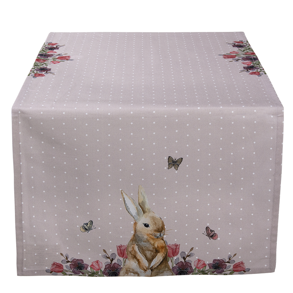 Clayre&Eef Tafelloper 50x140 cm Beige Roze Katoen Konijn Bloemen