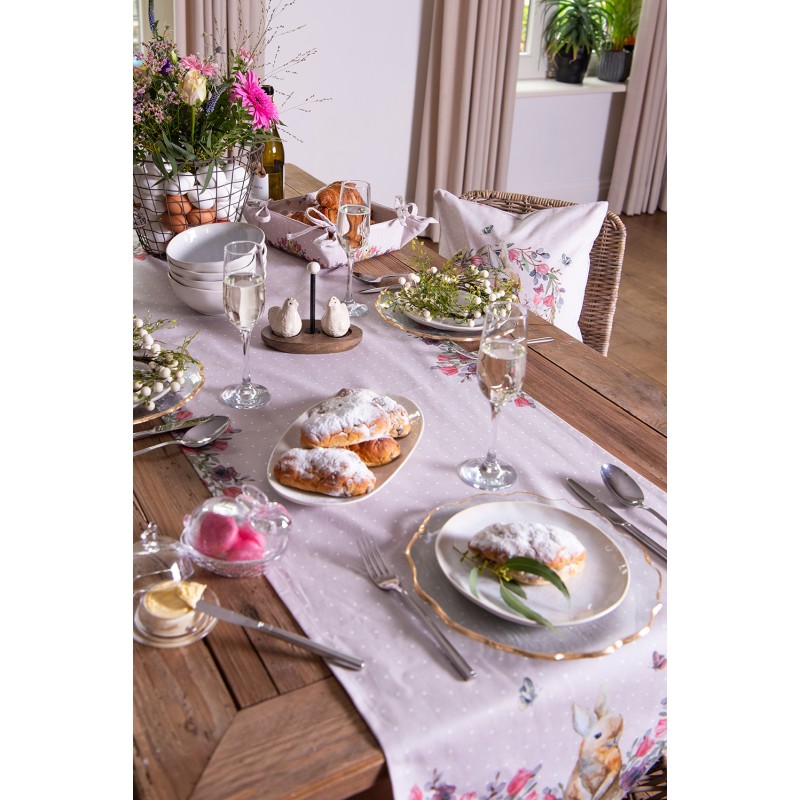 Clayre & Eef Tischläufer 50x140 cm Beige Rosa Baumwolle Rechteck Kaninchen Blumen
