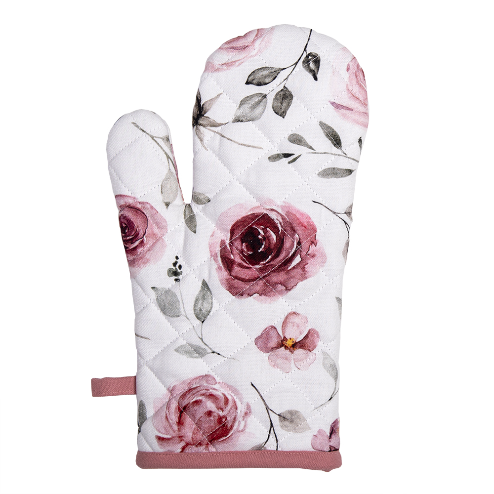 Clayre&Eef Ovenwant 18x30 cm Wit Roze Katoen Rozen afbeelding