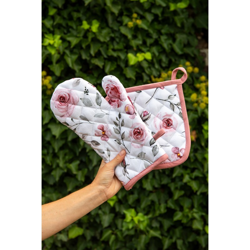 Clayre & Eef Ofenhandschuh 18x30 cm Weiß Rosa Baumwolle Rosen