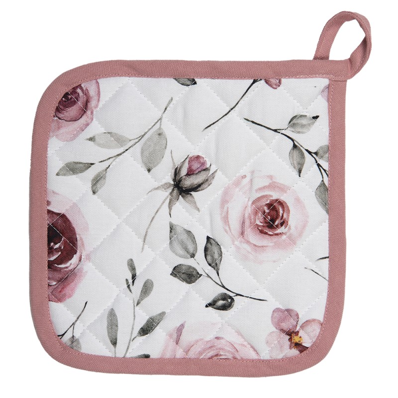 Clayre & Eef Topflappen 20x20 cm Weiß Rosa Baumwolle Quadrat Rosen