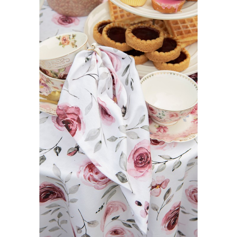 Clayre & Eef Tea Towel  Ø 80 cm White Pink Cotton Round Roses