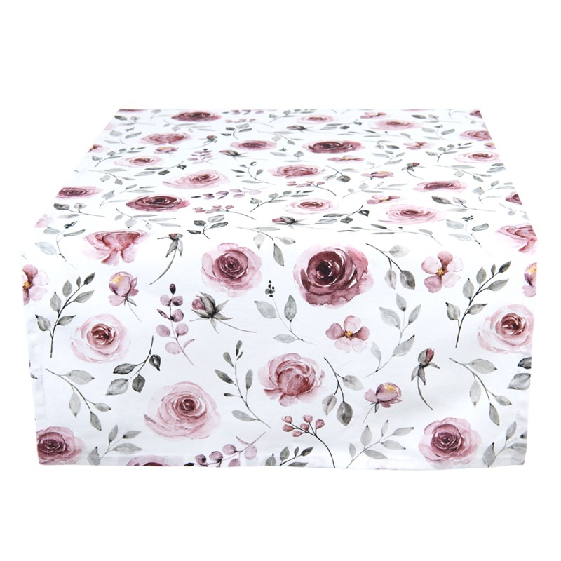 Clayre & Eef Table Runner 50x140 cm White Pink Cotton Rectangle Roses
