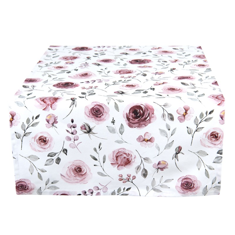 Clayre & Eef Tischläufer 50x140 cm Weiß Rosa Baumwolle Rechteck Rosen